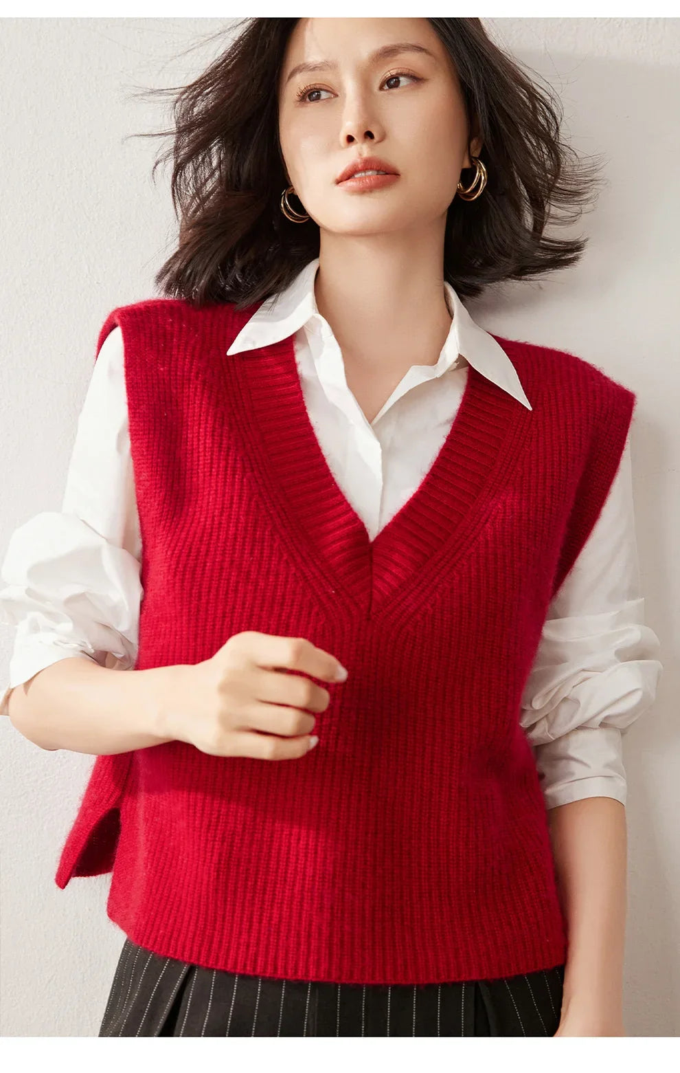 Ribbed Cashmere Vest Women V-Neck Sleeveless Knit