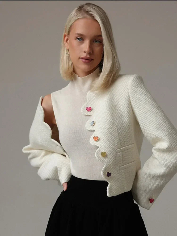 Cropped Cotton Blend Jacket Women Long Sleeve Button Front