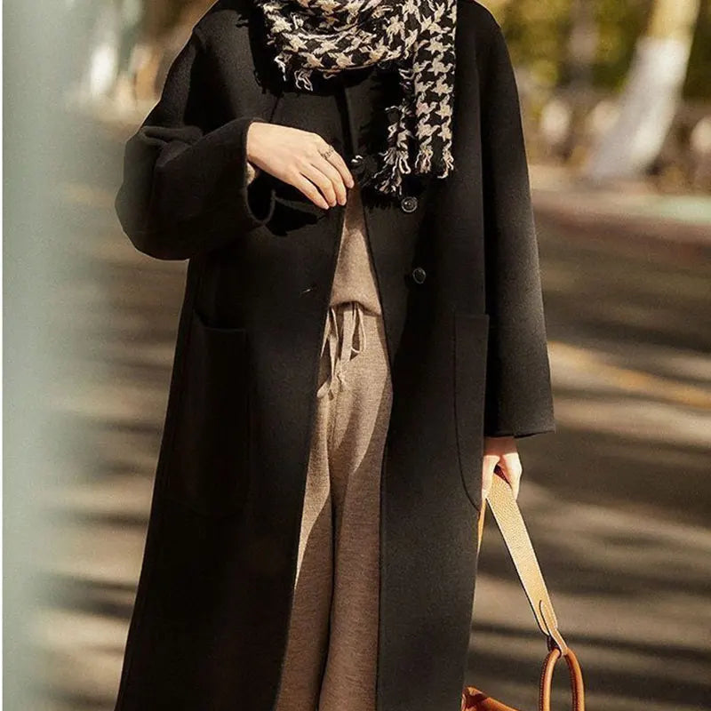 Wool Blend Overcoat Women Long Green Button Front