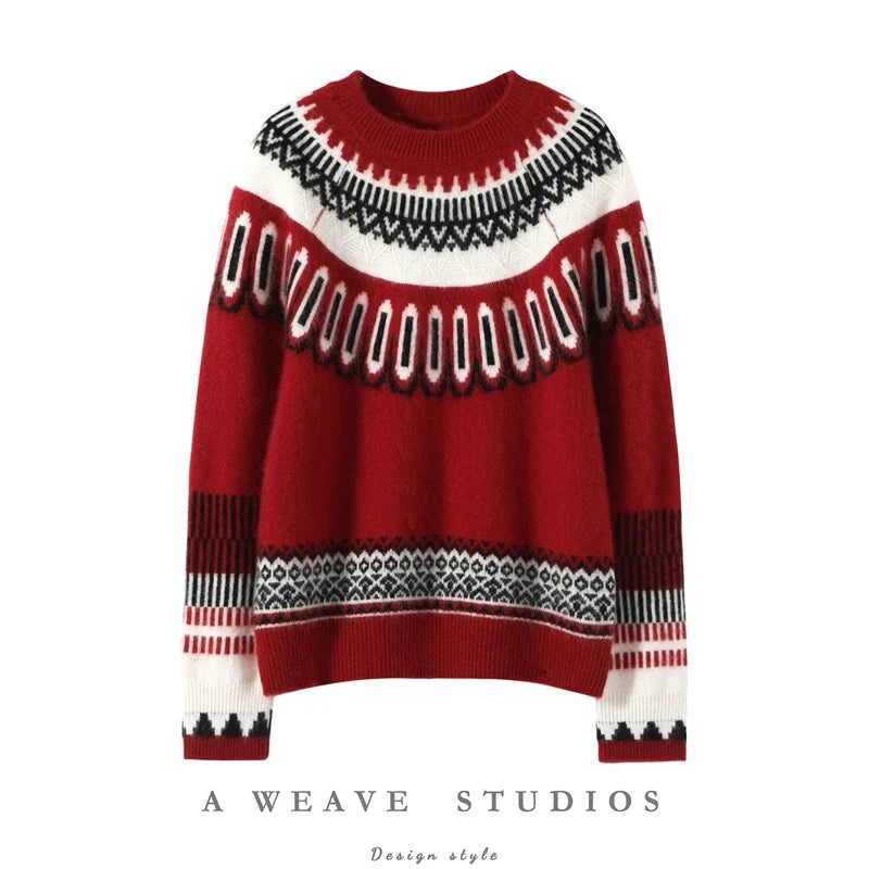 Fair Isle Cashmere Sweater Women Crew Neck Ribbed Knit