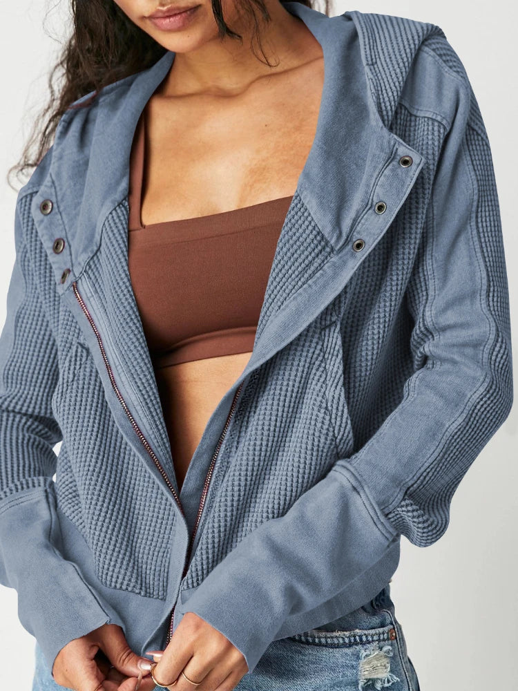 Cropped Waffle Hoodie Women Cotton Zip Front Hooded