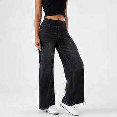 Lace wide-leg high-waist pull-on trousers for women, stylish and comfortable pants with a flowy fit and elegant lace details.