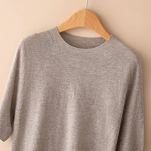 Seamless Knit Pullover Women Wool Blend Relaxed Fit Short Sleeve
