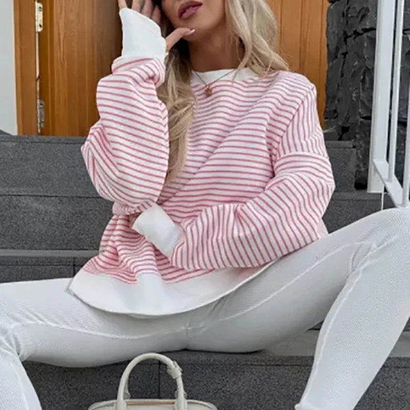 Striped Sweatshirt Women Loose Fit O-Neck Long Sleeve