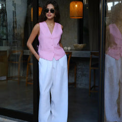 Light beige women's high-waist wide-leg linen blend pants with a loose pull-on design, perfect for casual or summer wear.