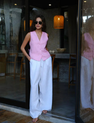 Light beige women's high-waist wide-leg linen blend pants with a loose pull-on design, perfect for casual or summer wear.