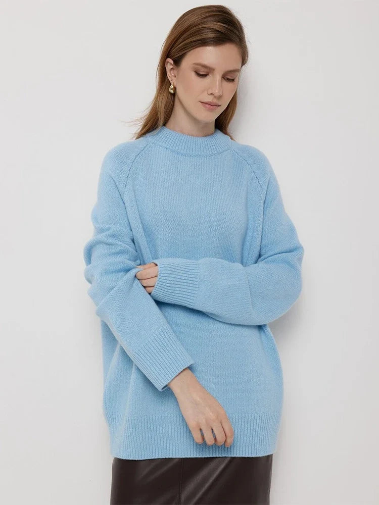 Oversized Wool Blend Knit Sweater Women O-Neck