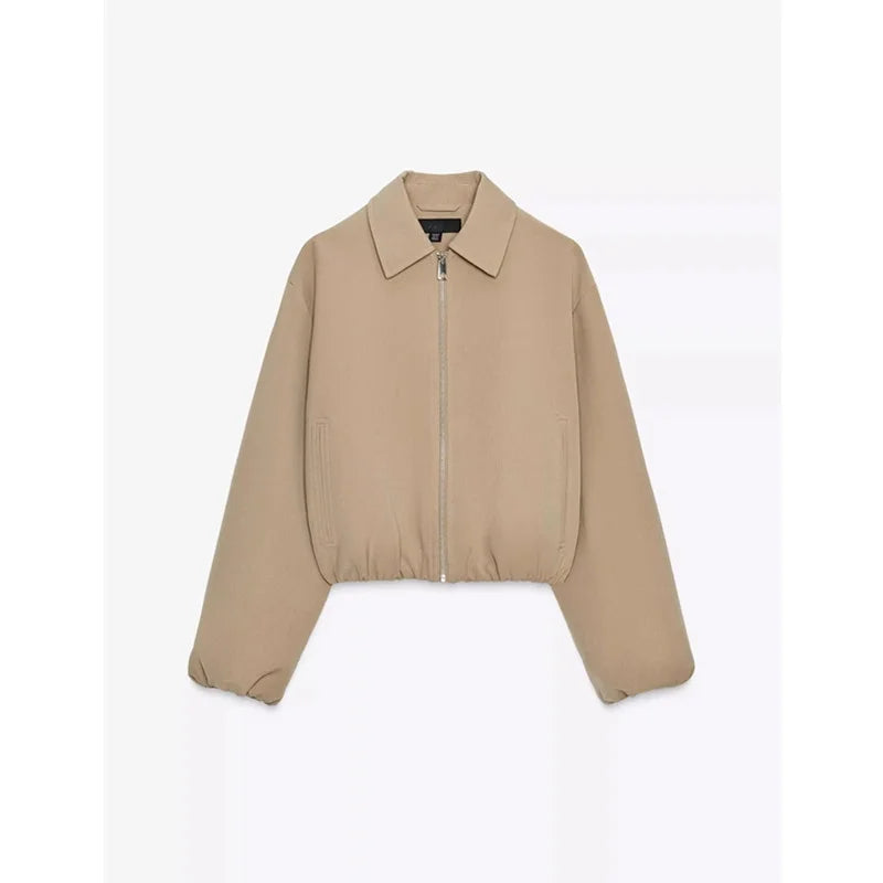 Puffer Jacket Women Zip Front Relaxed Elastic Hem