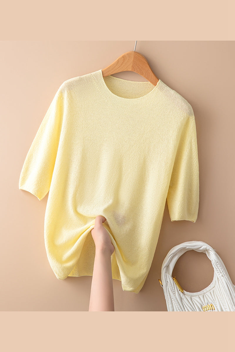 Seamless Knit Pullover Women Wool Blend Relaxed Fit Short Sleeve