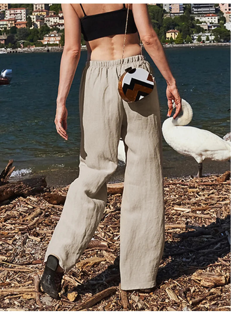 Knit wide-leg drawstring trousers for women, loose pull-on pants with relaxed fit and soft fabric, stylish and comfortable.