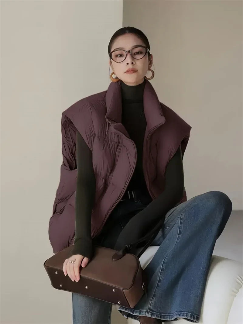 Down Padded Vest Women Cropped Stand Collar Insulated