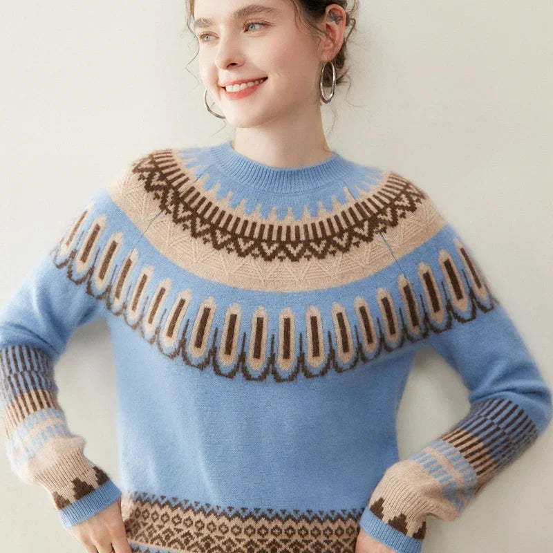 Fair Isle Cashmere Sweater Women Crew Neck Ribbed Knit