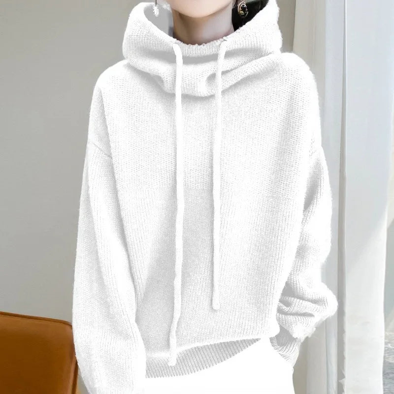Knit Hoodie Women Relaxed Fit Ribbed Trim Long Sleeve