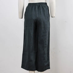 Linen cropped wide-leg drawstring trousers for women, loose pull-on style, beige color, casual and comfortable fit