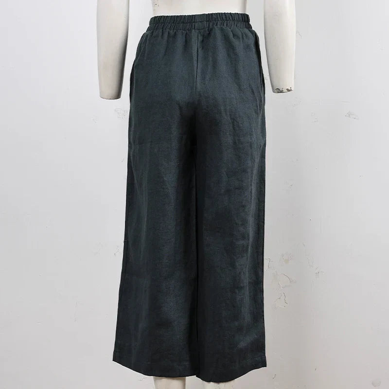 Linen cropped wide-leg drawstring trousers for women, loose pull-on style, beige color, casual and comfortable fit