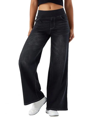 Lace wide leg high waist women's pull-on trousers in black, featuring a flowy fit and elegant lace details.