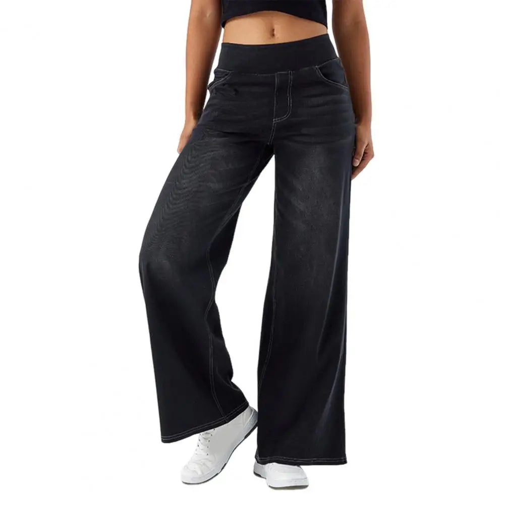 Lace wide leg high waist women's pull-on trousers in black, featuring a flowy fit and elegant lace details.