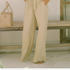 Linen wide-leg pull-on trousers for women, loose fit, light beige color, high waist, comfortable casual pants.