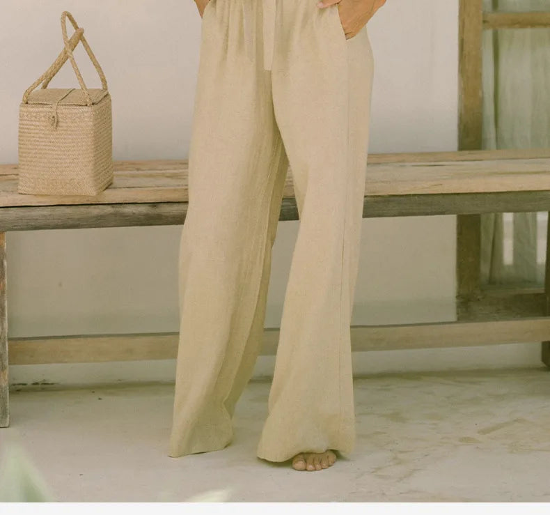 Linen wide-leg pull-on trousers for women, loose fit, light beige color, high waist, comfortable casual pants.