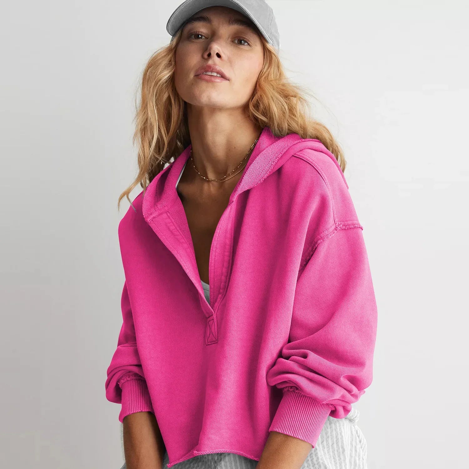 Cropped Hoodie Women Relaxed Fit Cotton Blend Casual