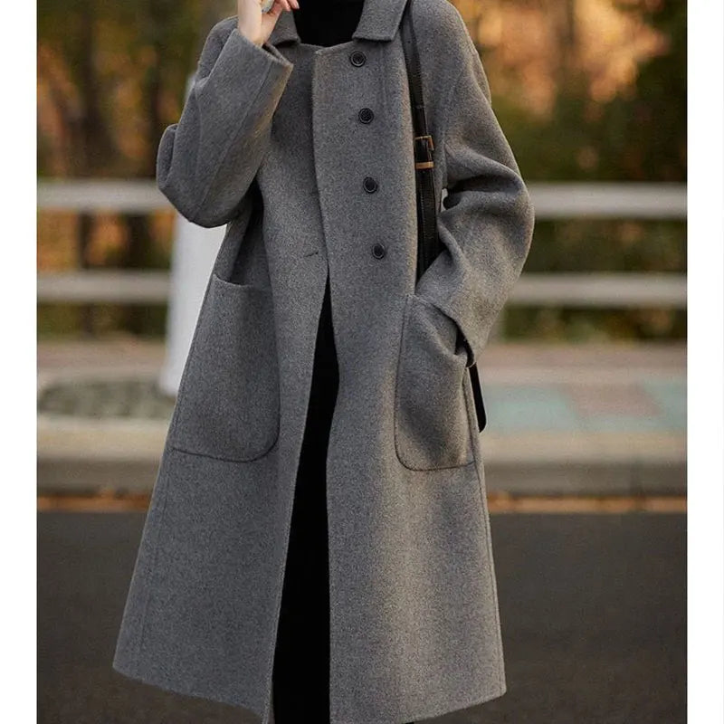 Wool Blend Overcoat Women Long Green Button Front