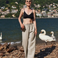 Knit wide-leg drawstring trousers for women, loose pull-on pants with a relaxed fit and comfortable style.