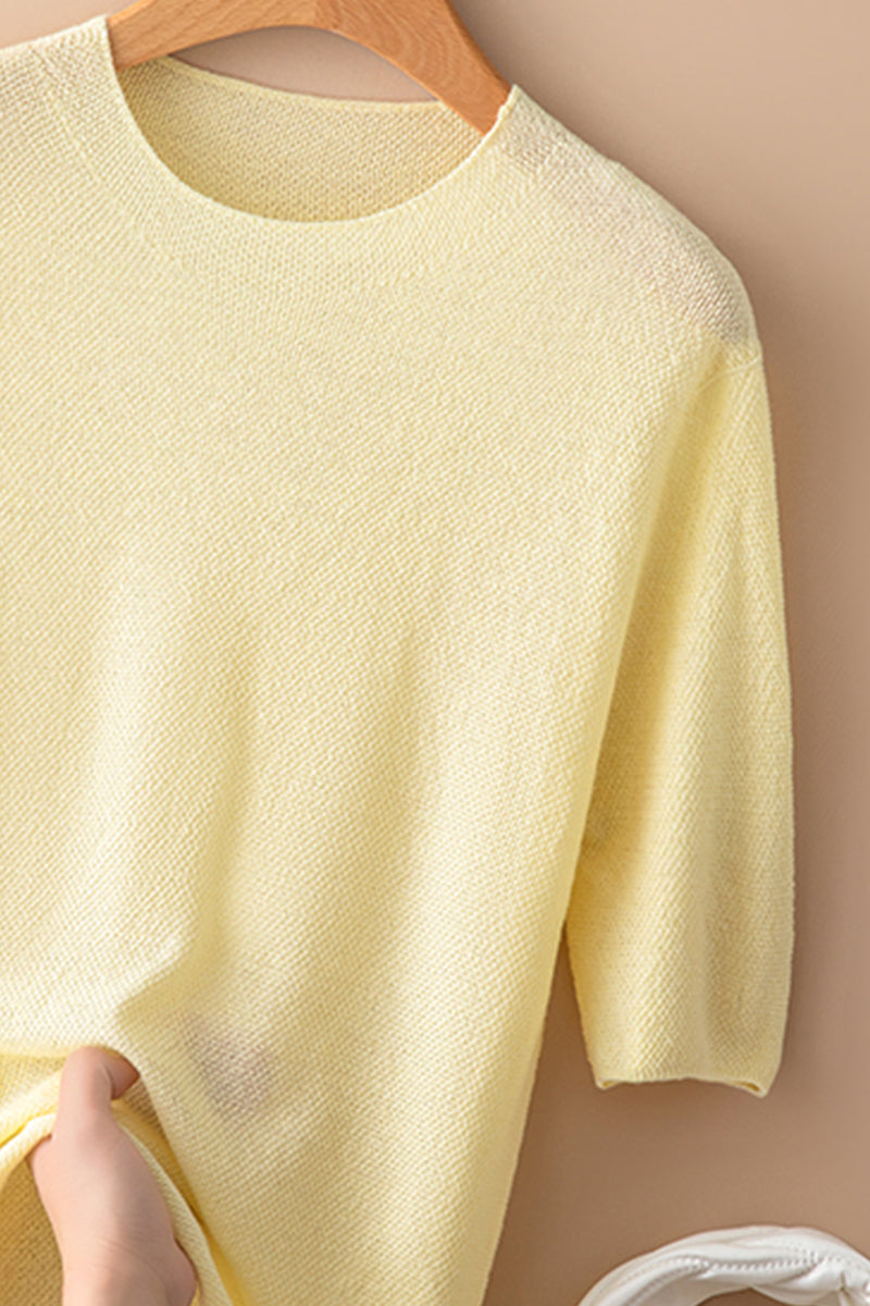 Seamless Knit Pullover Women Wool Blend Relaxed Fit Short Sleeve