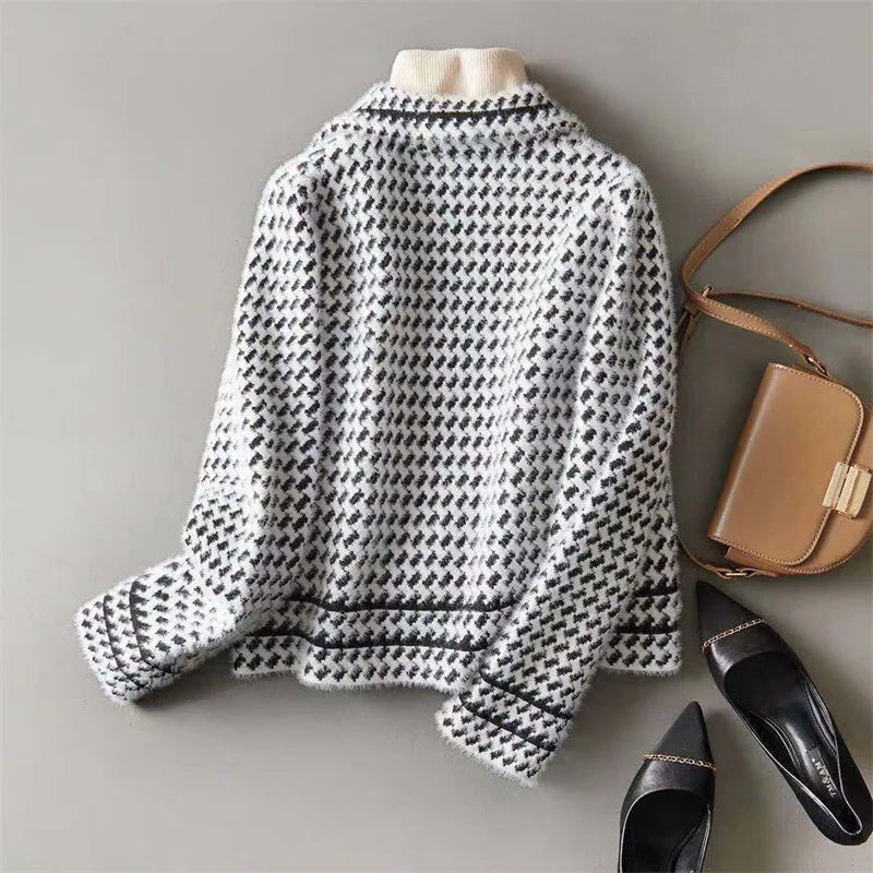 Houndstooth Knit Jacket Women Cropped Double Breasted