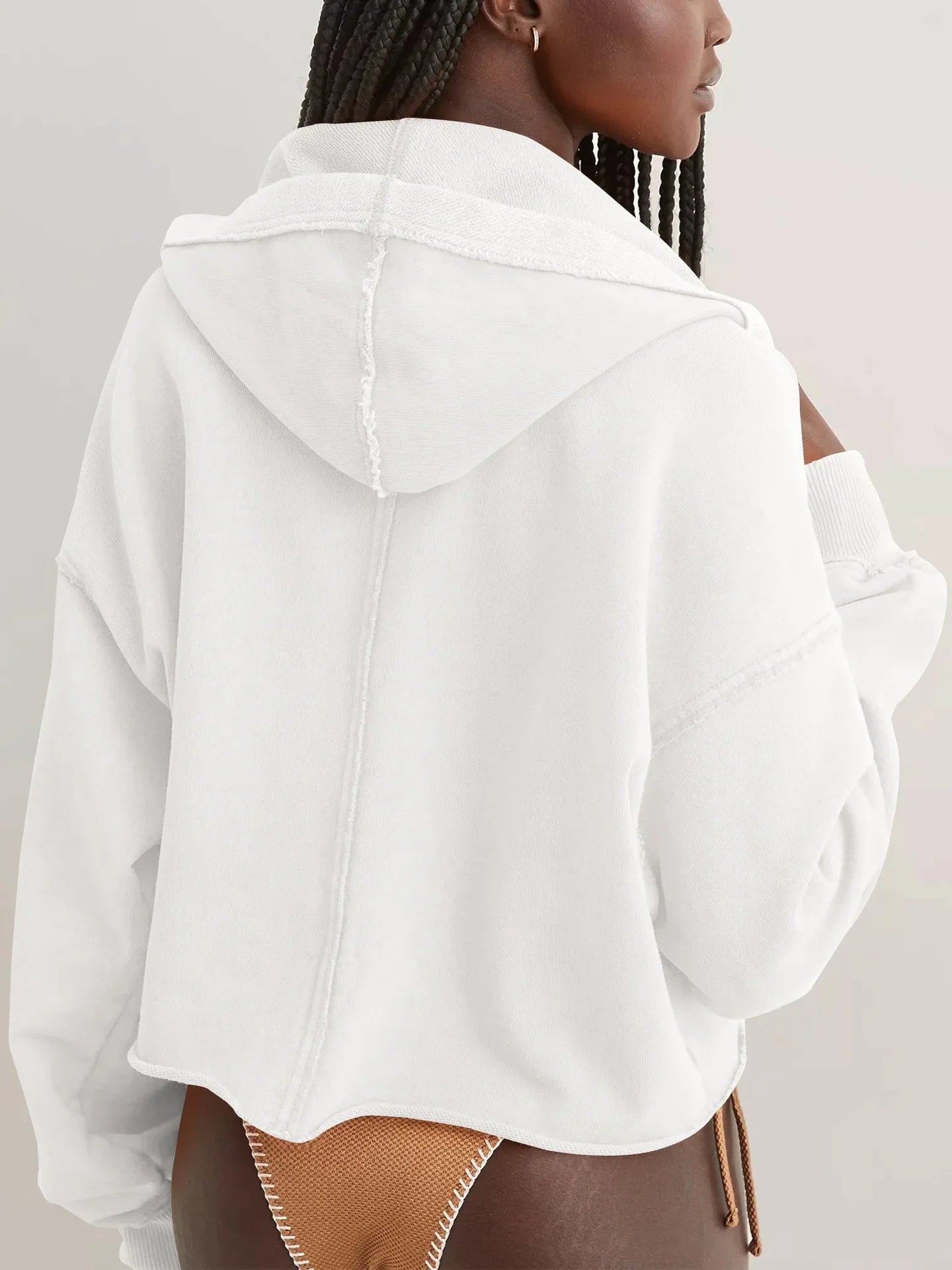 Cropped Hoodie Women Relaxed Fit Cotton Blend Casual