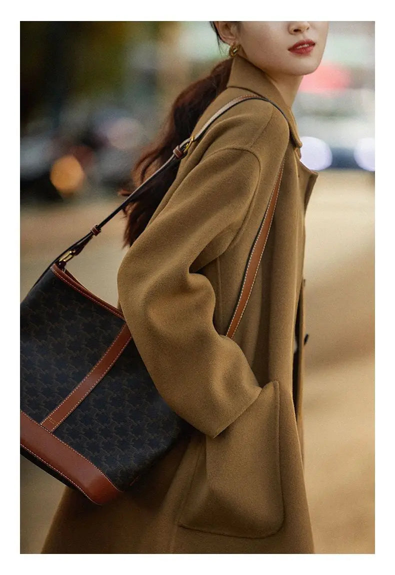 Wool Blend Overcoat Women Long Green Button Front