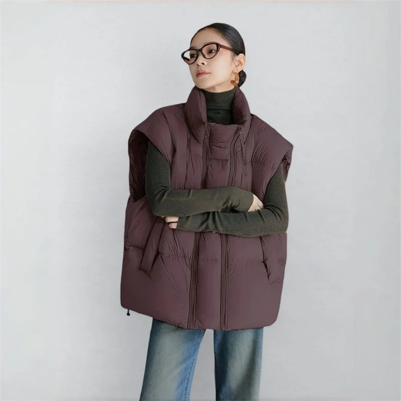 Down Padded Vest Women Cropped Stand Collar Insulated