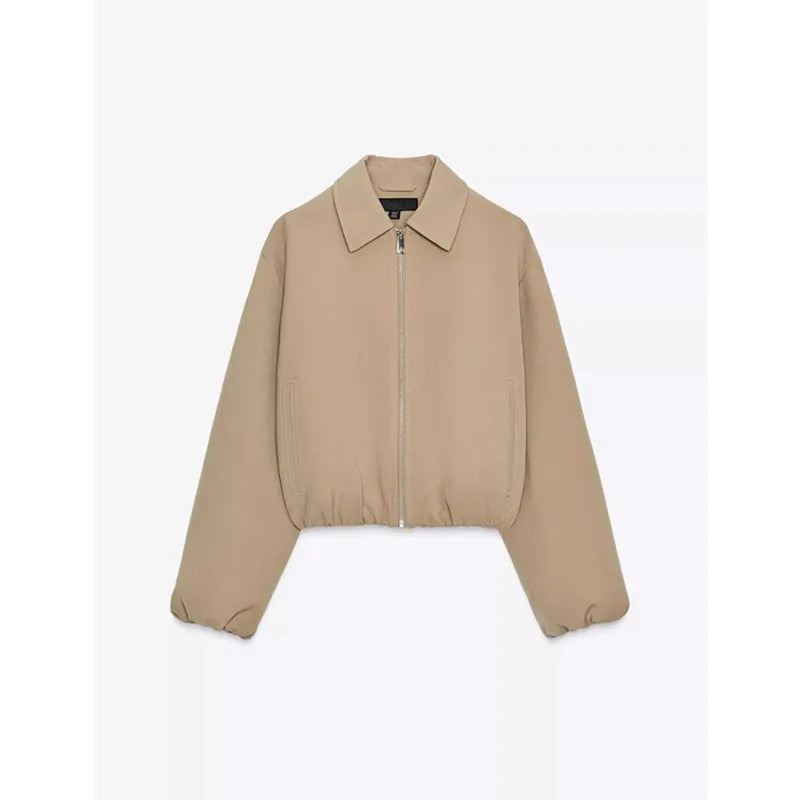 Puffer Jacket Women Zip Front Relaxed Elastic Hem