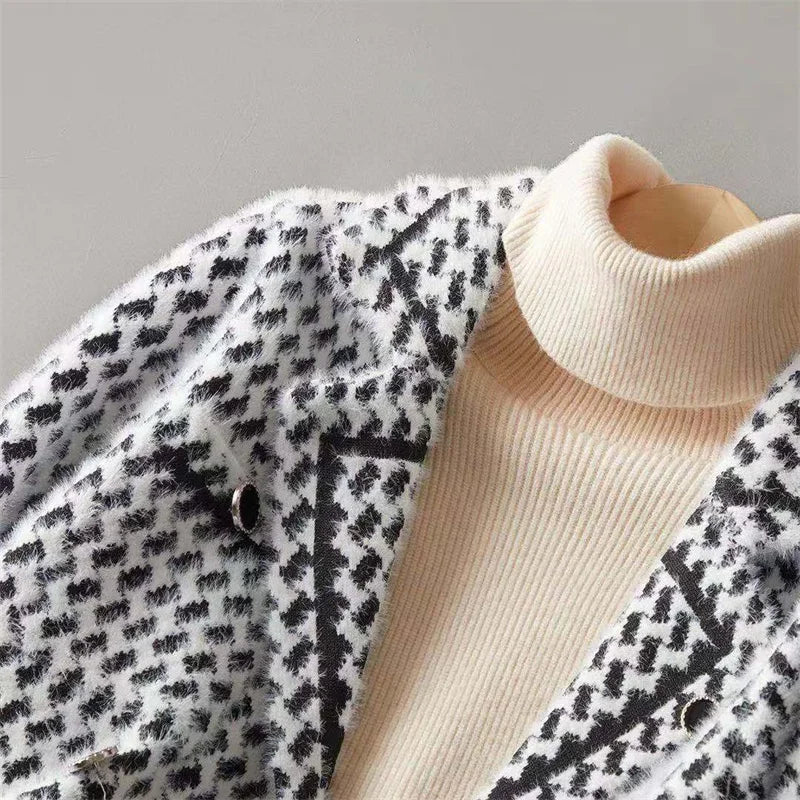 Houndstooth Knit Jacket Women Cropped Double Breasted