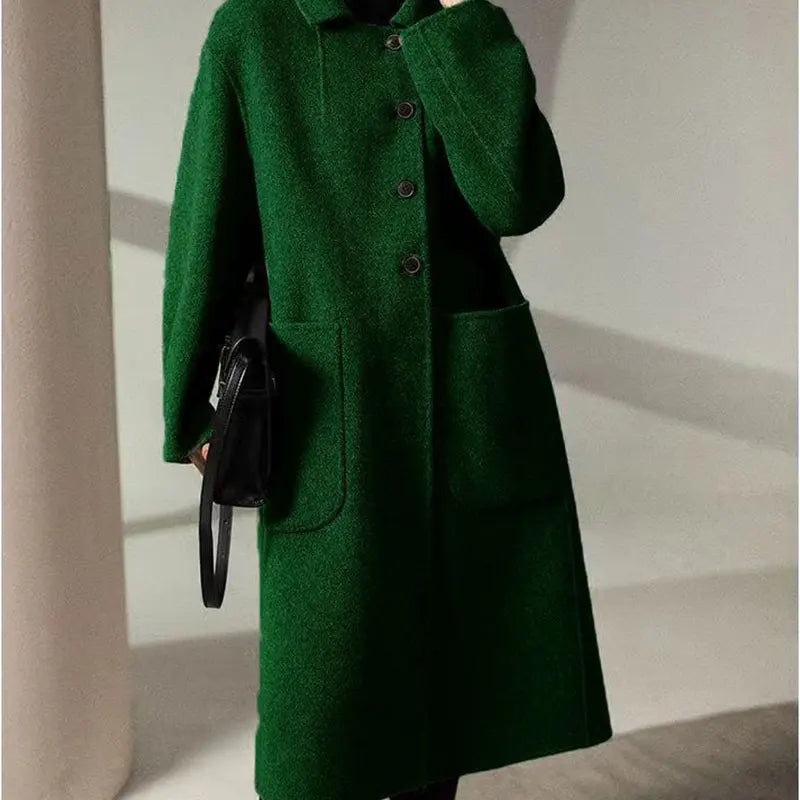 Wool Blend Overcoat Women Long Green Button Front