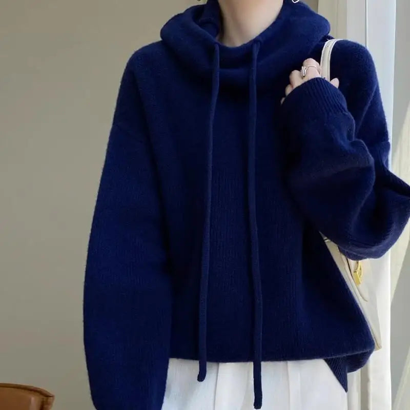 Knit Hoodie Women Relaxed Fit Ribbed Trim Long Sleeve