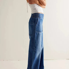 Blue denim wide-leg women's jeans with relaxed fit, stylish pants from My Store, showcased with a natural drape and casual look.