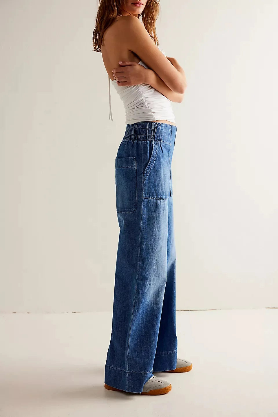 Blue denim wide-leg women's jeans with relaxed fit, stylish pants from My Store, showcased with a natural drape and casual look.