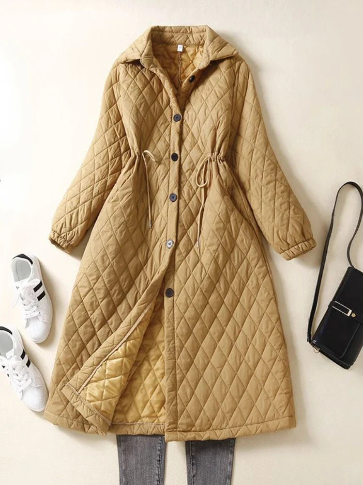 Quilted Long Coat Women Belted Button Front Longline