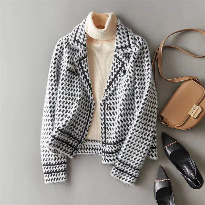 Houndstooth Knit Jacket Women Cropped Double Breasted