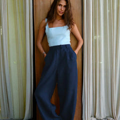 Women's high-waist wide-leg linen blend trousers with a loose pull-on design, stylish and comfortable for casual wear.