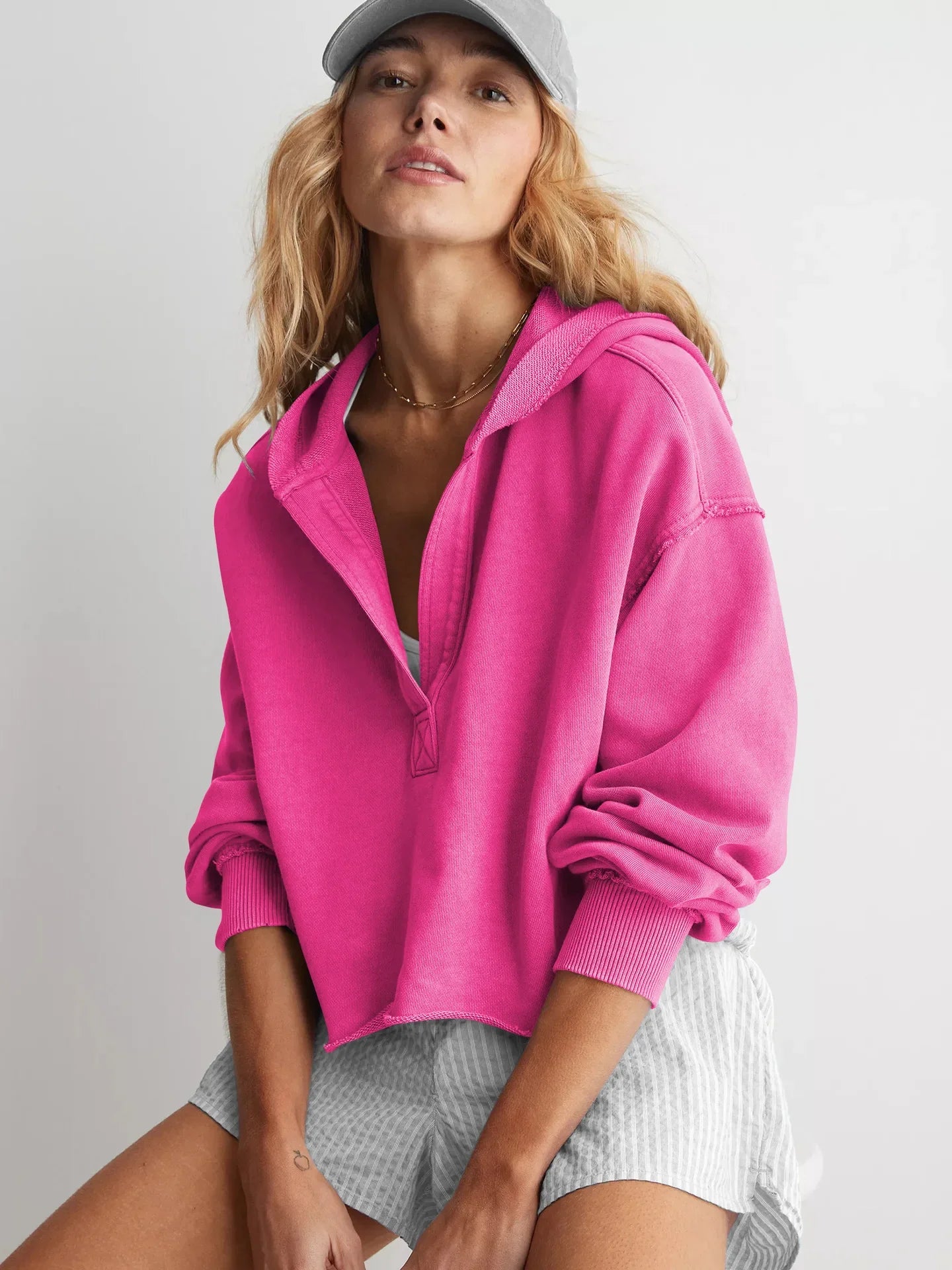 Cropped Hoodie Women Relaxed Fit Cotton Blend Casual