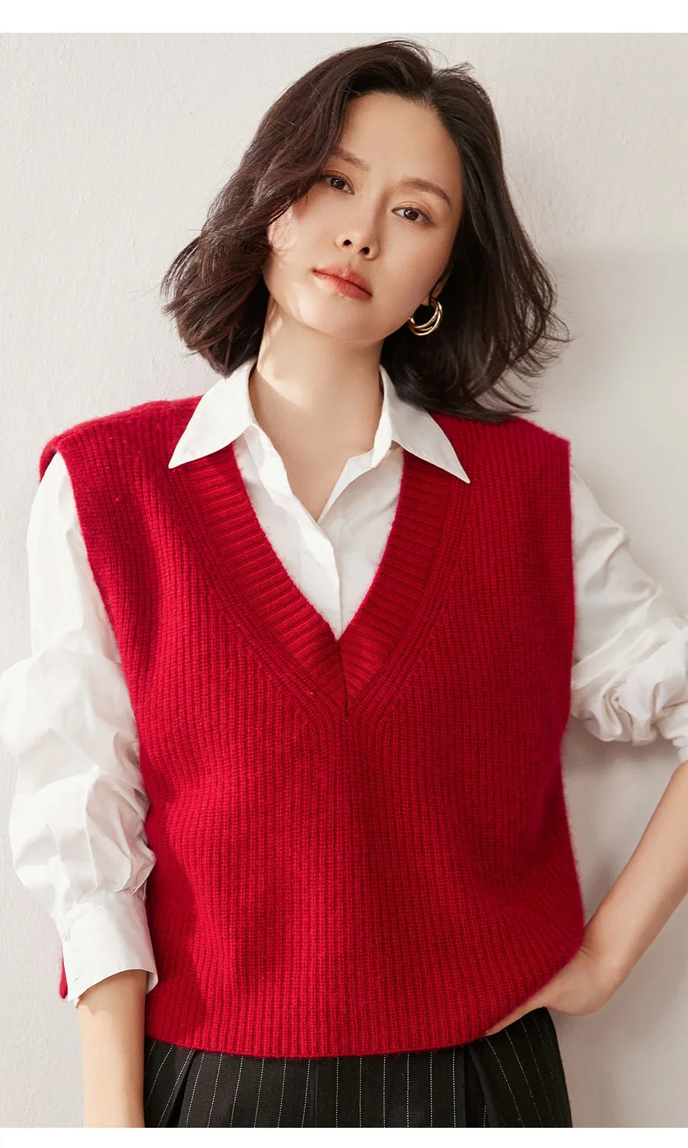 Ribbed Cashmere Vest Women V-Neck Sleeveless Knit
