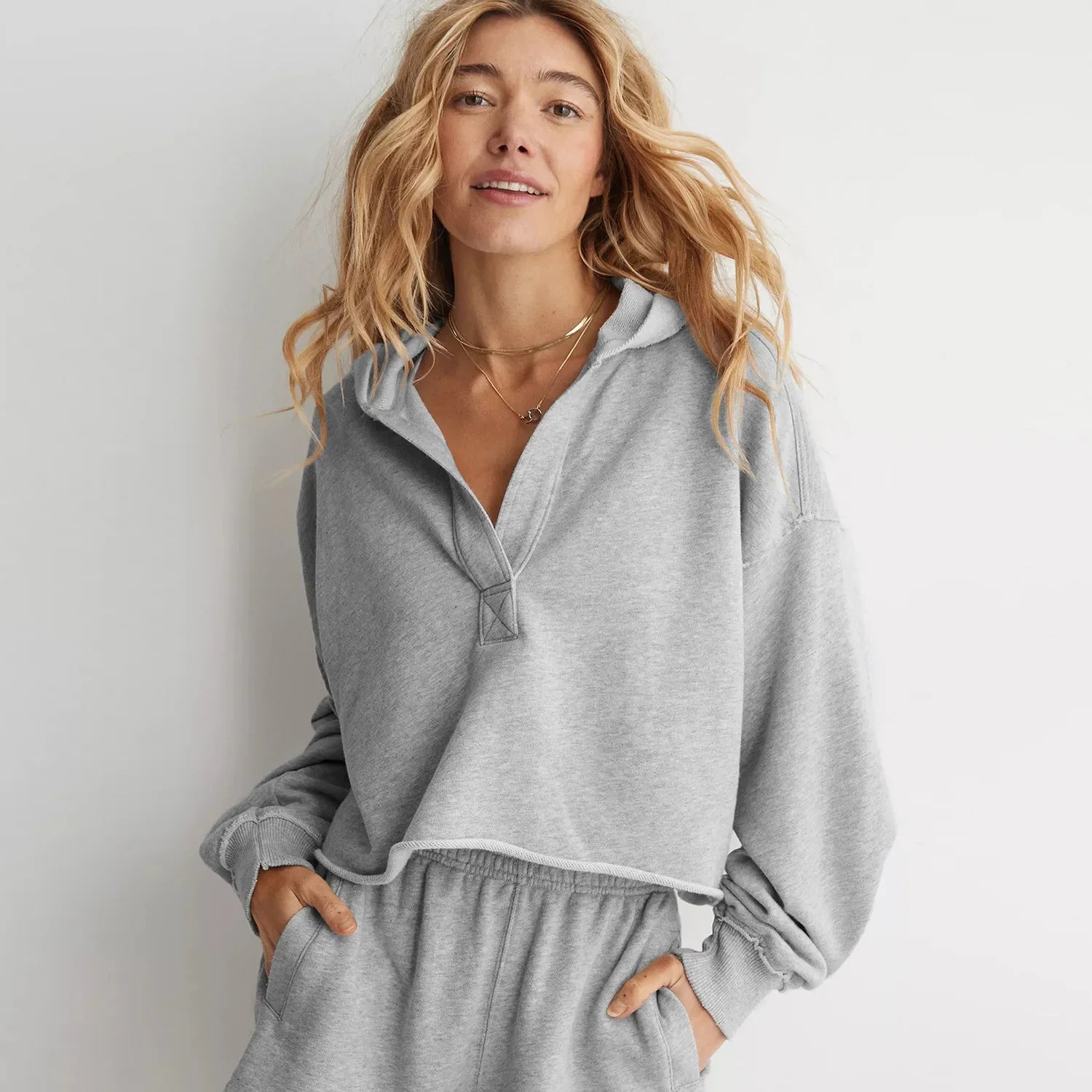Cropped Hoodie Women Relaxed Fit Cotton Blend Casual