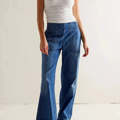 Blue denim wide-leg women's jeans with relaxed fit, featuring a high waist and classic five-pocket design.