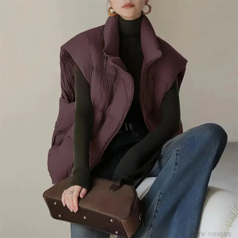 Down Padded Vest Women Cropped Stand Collar Insulated
