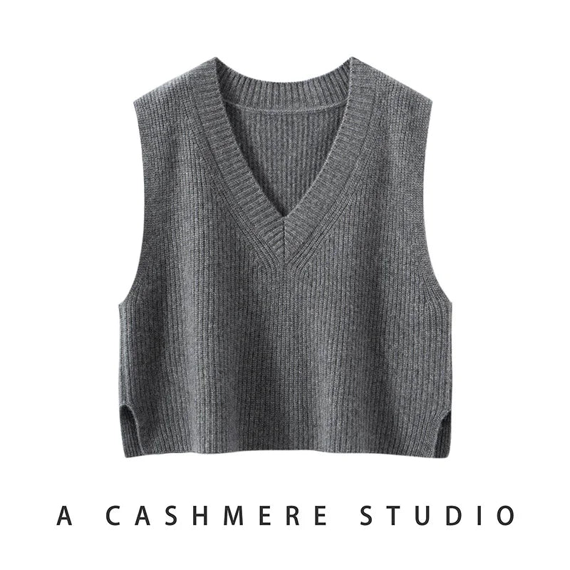 Ribbed Cashmere Vest Women V-Neck Sleeveless Knit