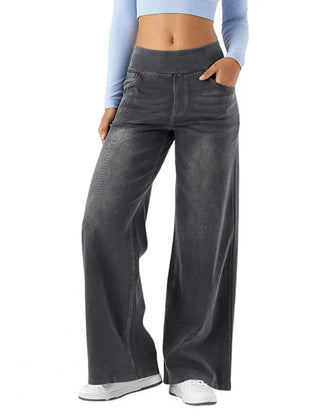 High waist lace wide-leg pull-on trousers for women, stylish and comfortable pants with elegant lace detailing.