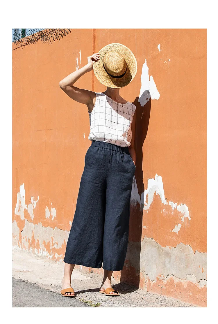 Linen cropped wide-leg drawstring trousers for women, loose pull-on style, beige color, casual and comfortable fit.