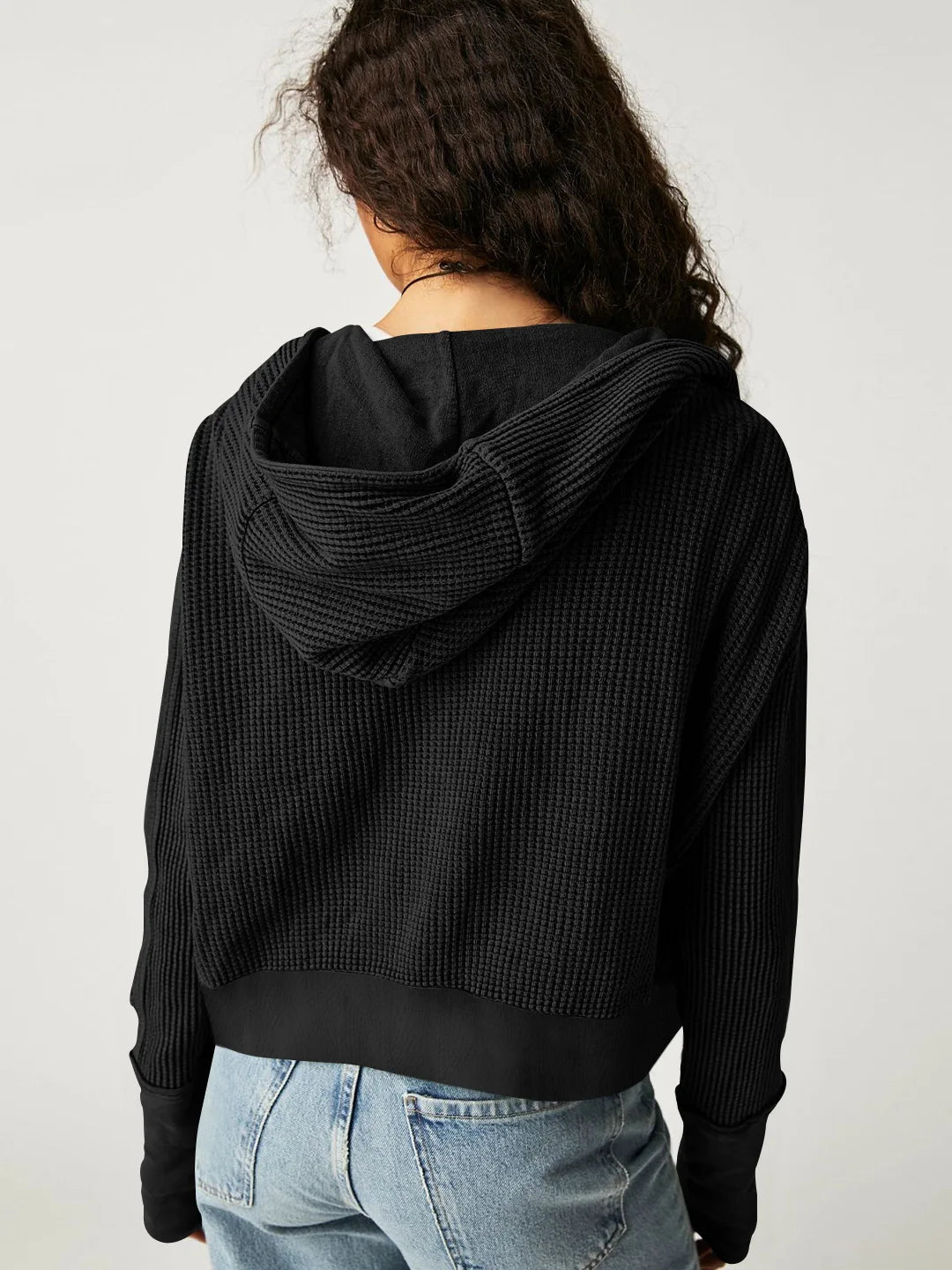 Cropped Waffle Hoodie Women Cotton Zip Front Hooded