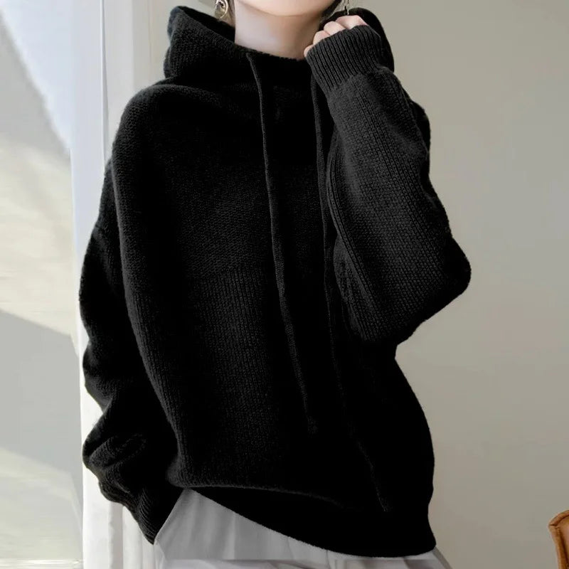 Knit Hoodie Women Relaxed Fit Ribbed Trim Long Sleeve